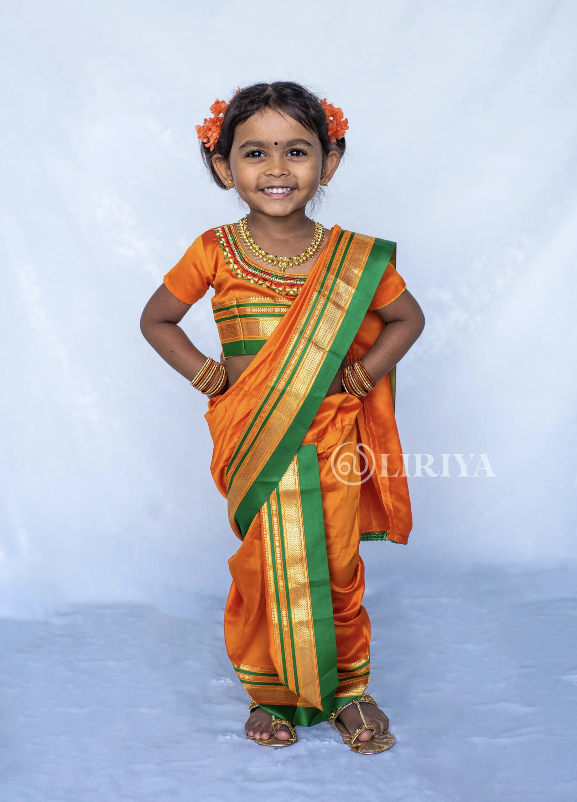 Kids Saree with Half Sleeves Blouse (Saffron) | LIRIYA