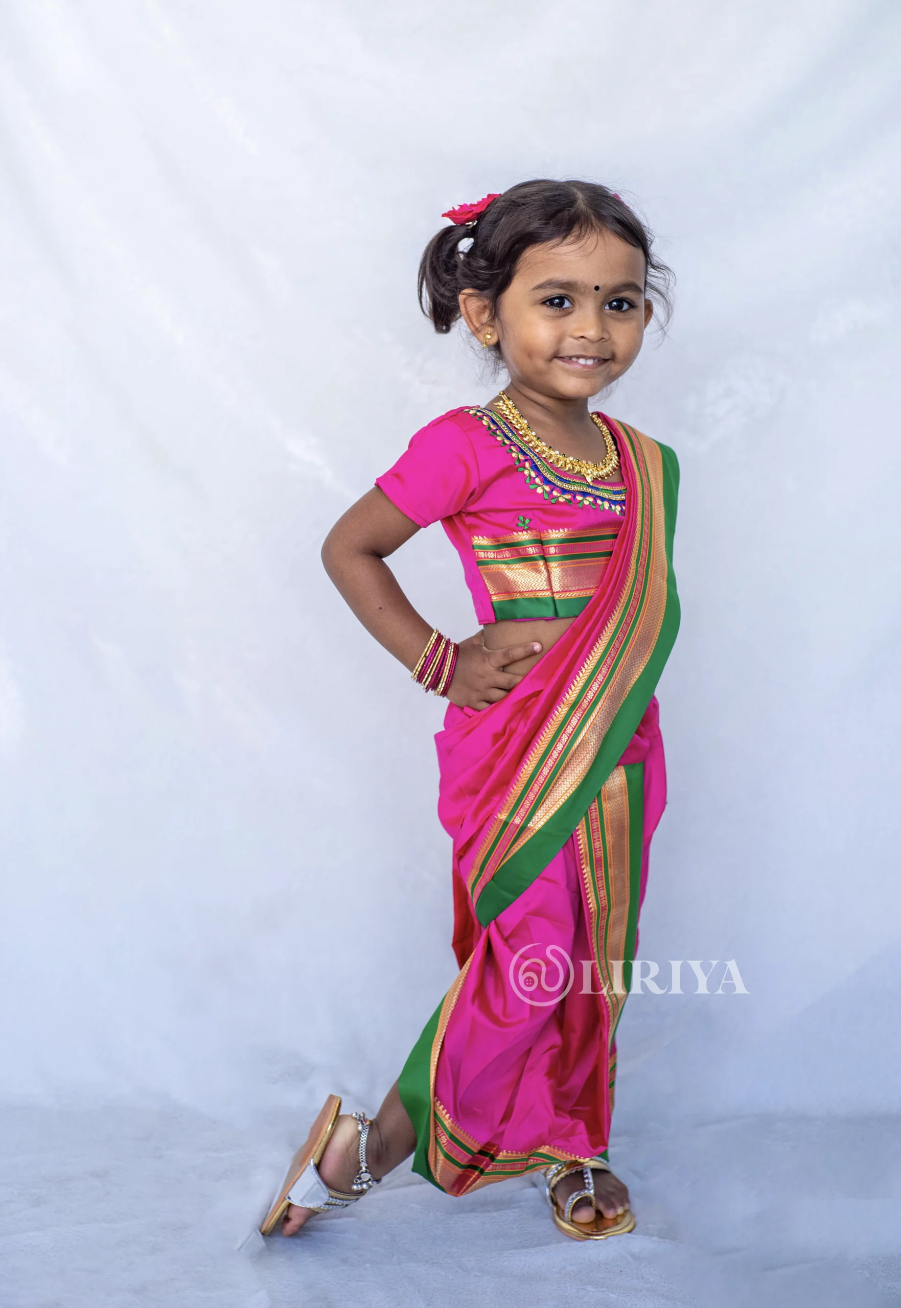 Kids Saree with Half Sleeves Blouse Rani Pink LIRIYA